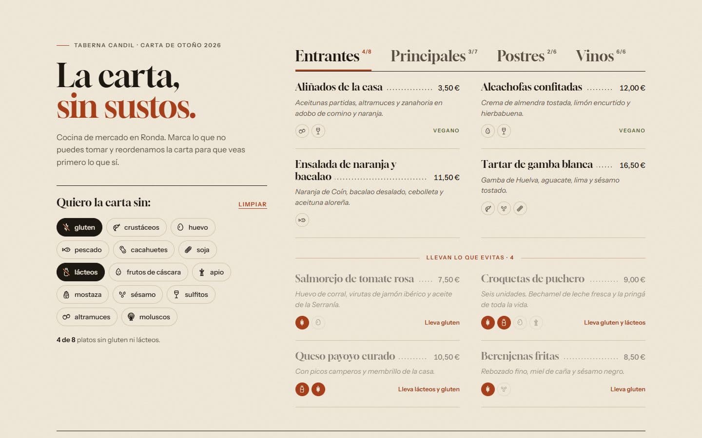 Lo que generó la IA con el prompt Completo de Carta con filtro de alérgenos